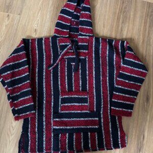 Mexican Baja Drug Rug Hoodie Hippie Surfer Striped Red/Navy/White EUC Med